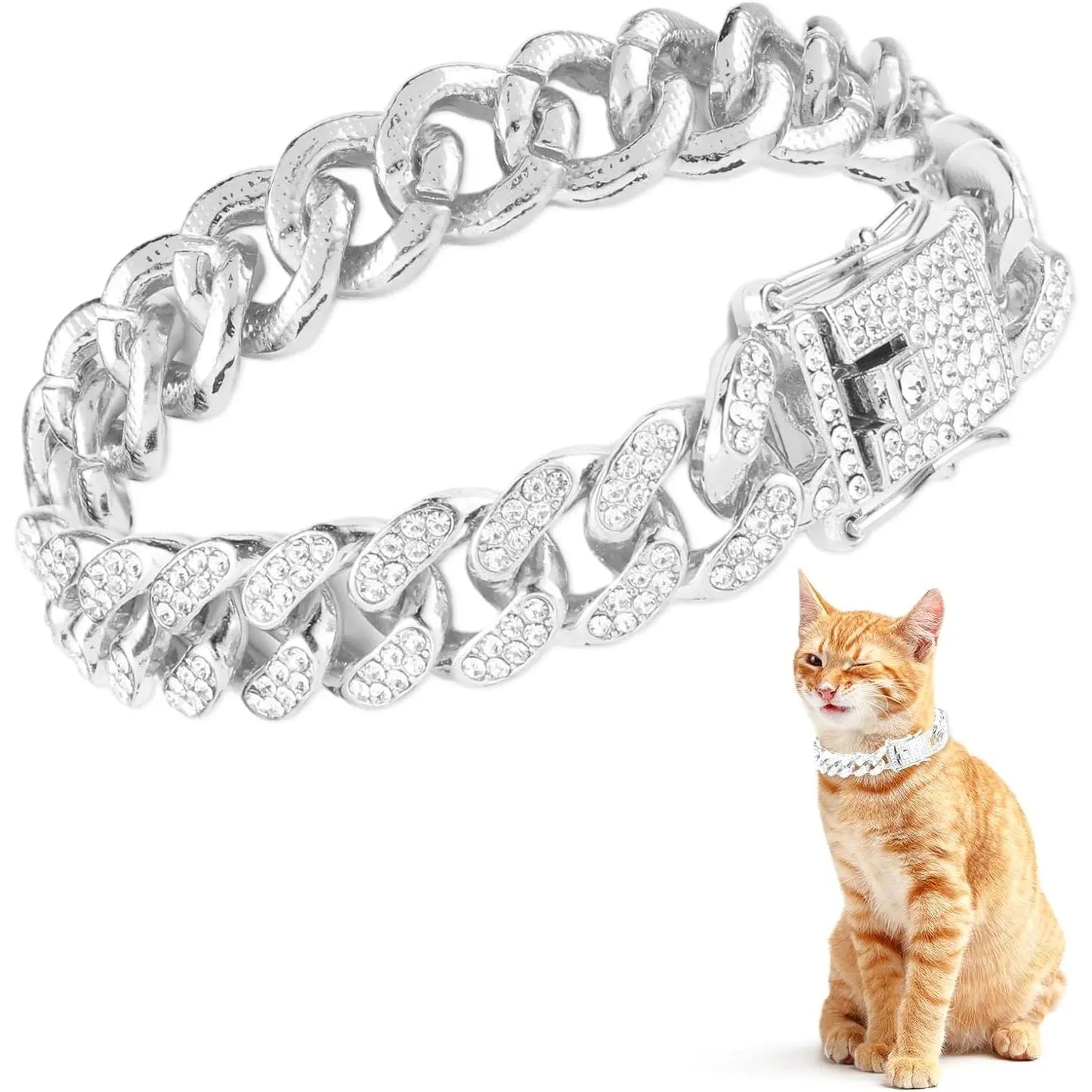 Cat Chain Collar, Diamond Cuban Link Kitten Walking Collar with Secure Buckle 12Mm Wide Pet Rhinestones Necklace Metal Chain Accessories for Cats Dogs Kittens Puppies 8Inch