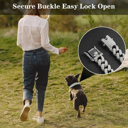 Cat Chain Collar, Diamond Cuban Link Kitten Walking Collar with Secure Buckle 12Mm Wide Pet Rhinestones Necklace Metal Chain Accessories for Cats Dogs Kittens Puppies 8Inch