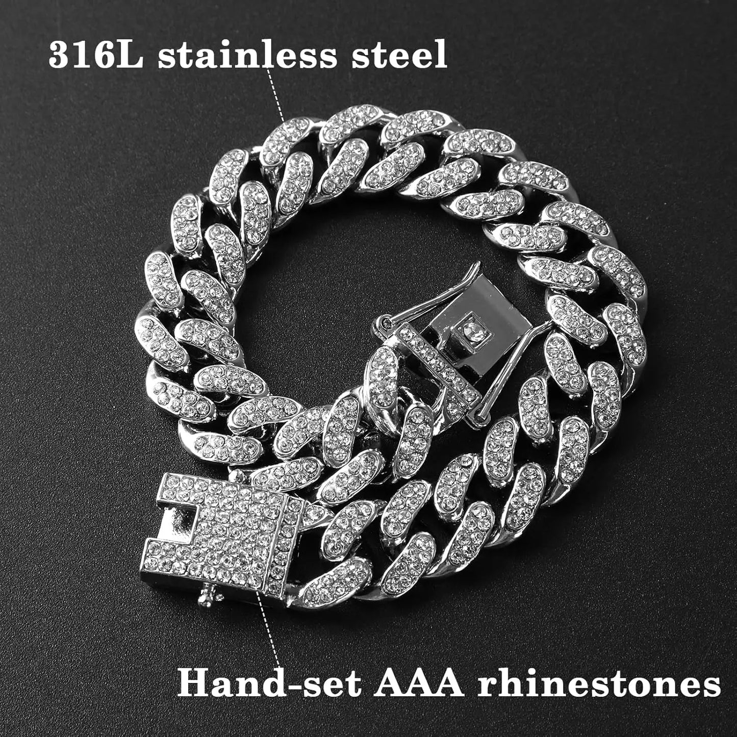Cat Chain Collar, Diamond Cuban Link Kitten Walking Collar with Secure Buckle 12Mm Wide Pet Rhinestones Necklace Metal Chain Accessories for Cats Dogs Kittens Puppies 8Inch
