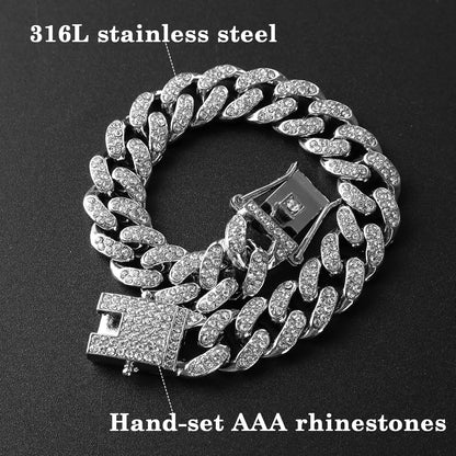 Cat Chain Collar, Diamond Cuban Link Kitten Walking Collar with Secure Buckle 12Mm Wide Pet Rhinestones Necklace Metal Chain Accessories for Cats Dogs Kittens Puppies 8Inch