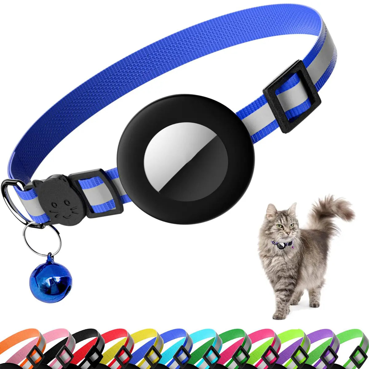 Reflective Cat Collar with Bell and Breakaway Design, Adjustable Airtag-Compatible GPS Tracker for Kittens and Cats