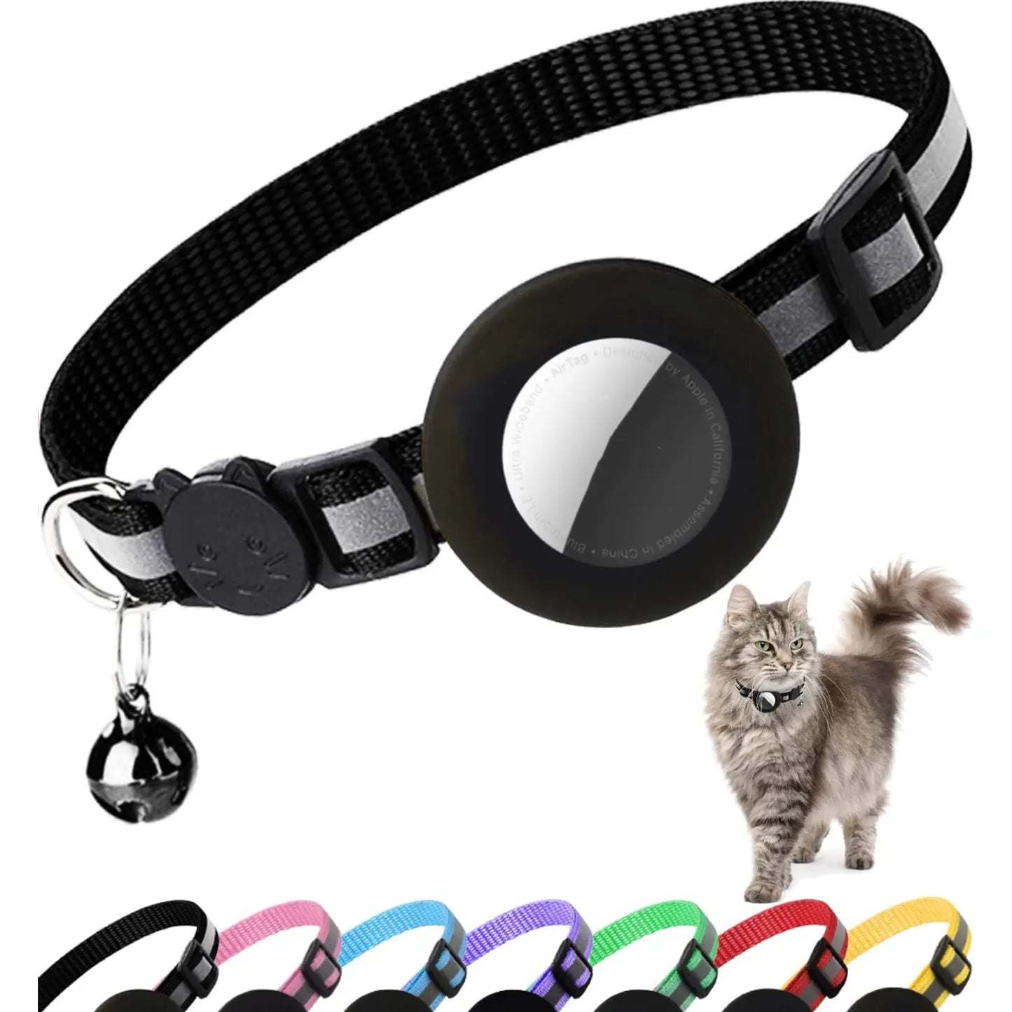 Reflective Cat Collar with Bell and Breakaway Design, Adjustable Airtag-Compatible GPS Tracker for Kittens and Cats