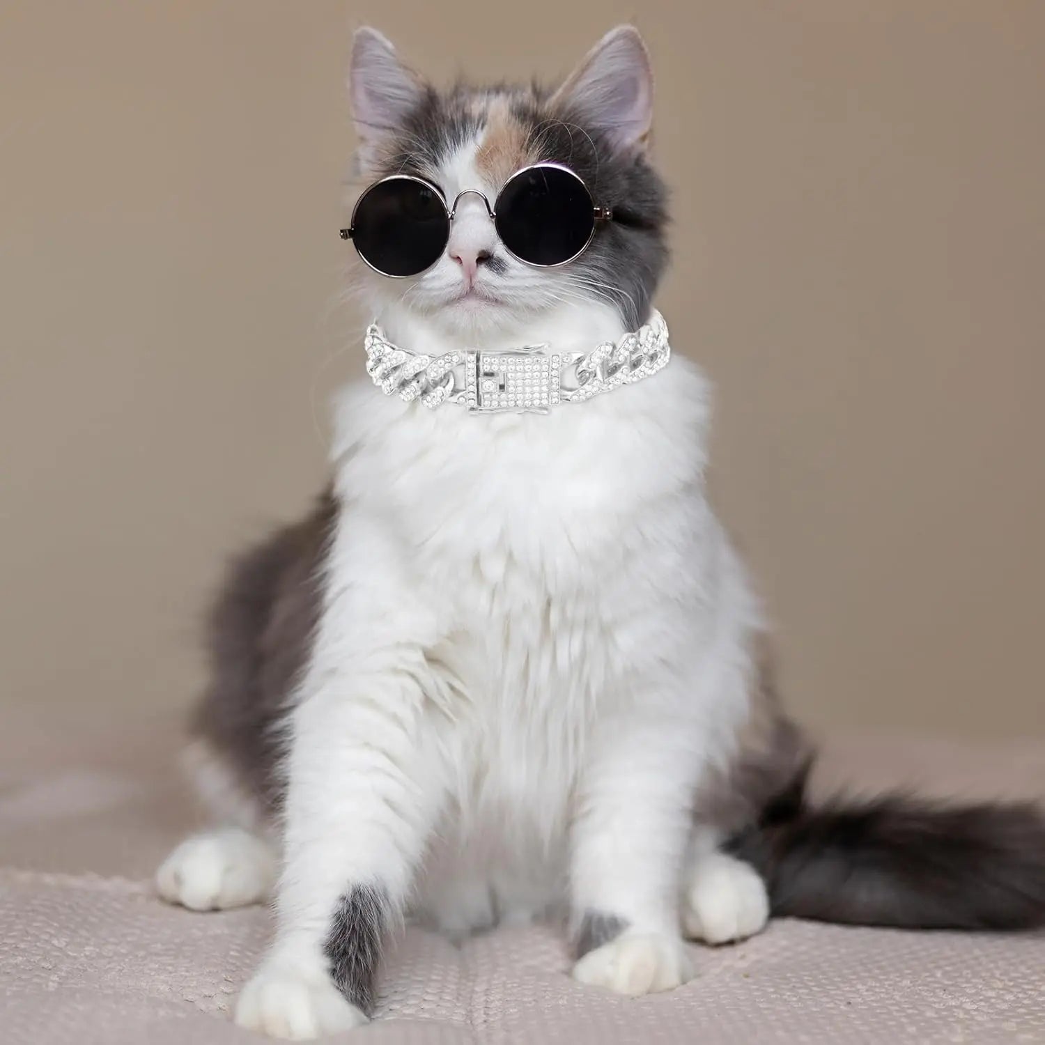 Cat Chain Collar, Diamond Cuban Link Kitten Walking Collar with Secure Buckle 12Mm Wide Pet Rhinestones Necklace Metal Chain Accessories for Cats Dogs Kittens Puppies 8Inch