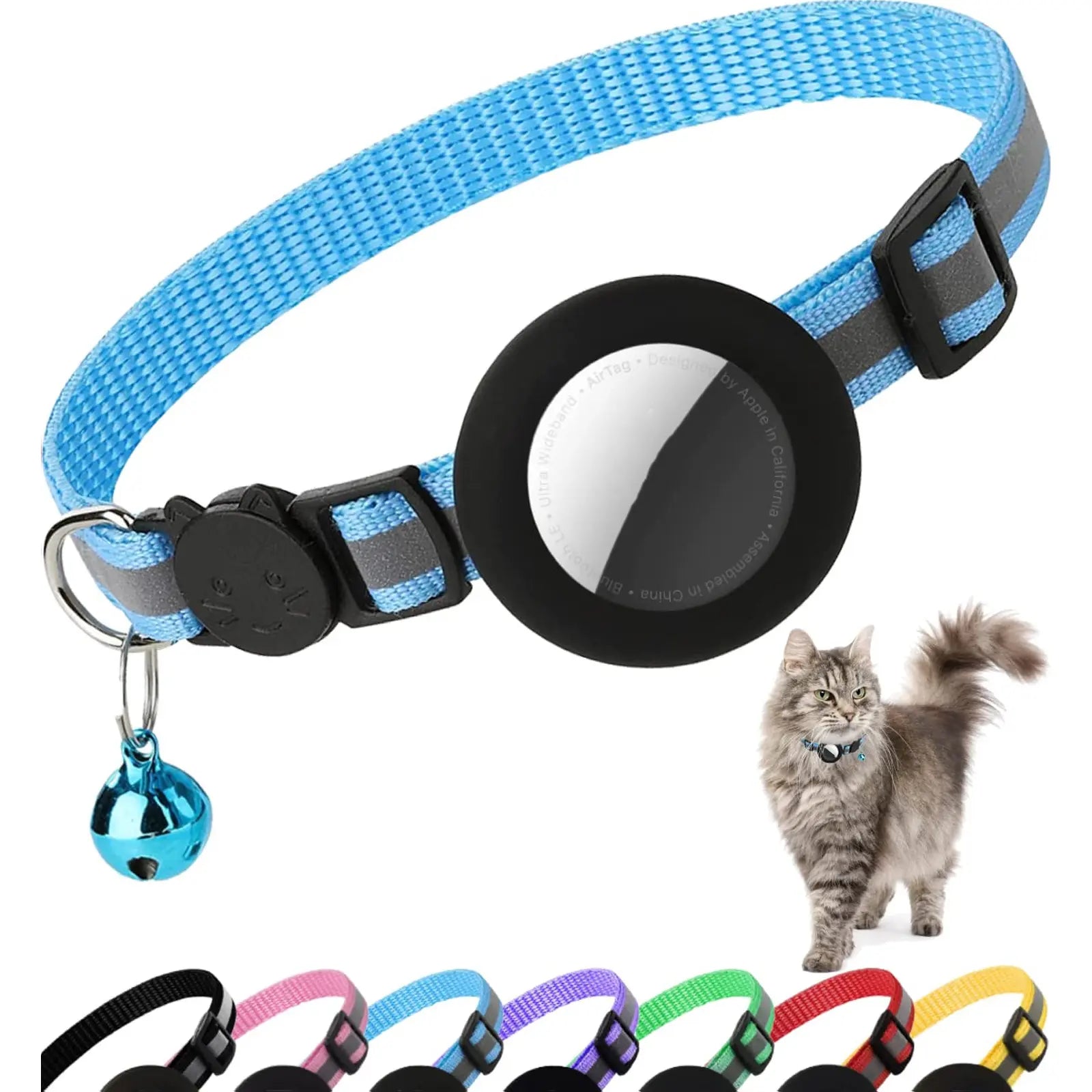 Reflective Cat Collar with Bell and Breakaway Design, Adjustable Airtag-Compatible GPS Tracker for Kittens and Cats