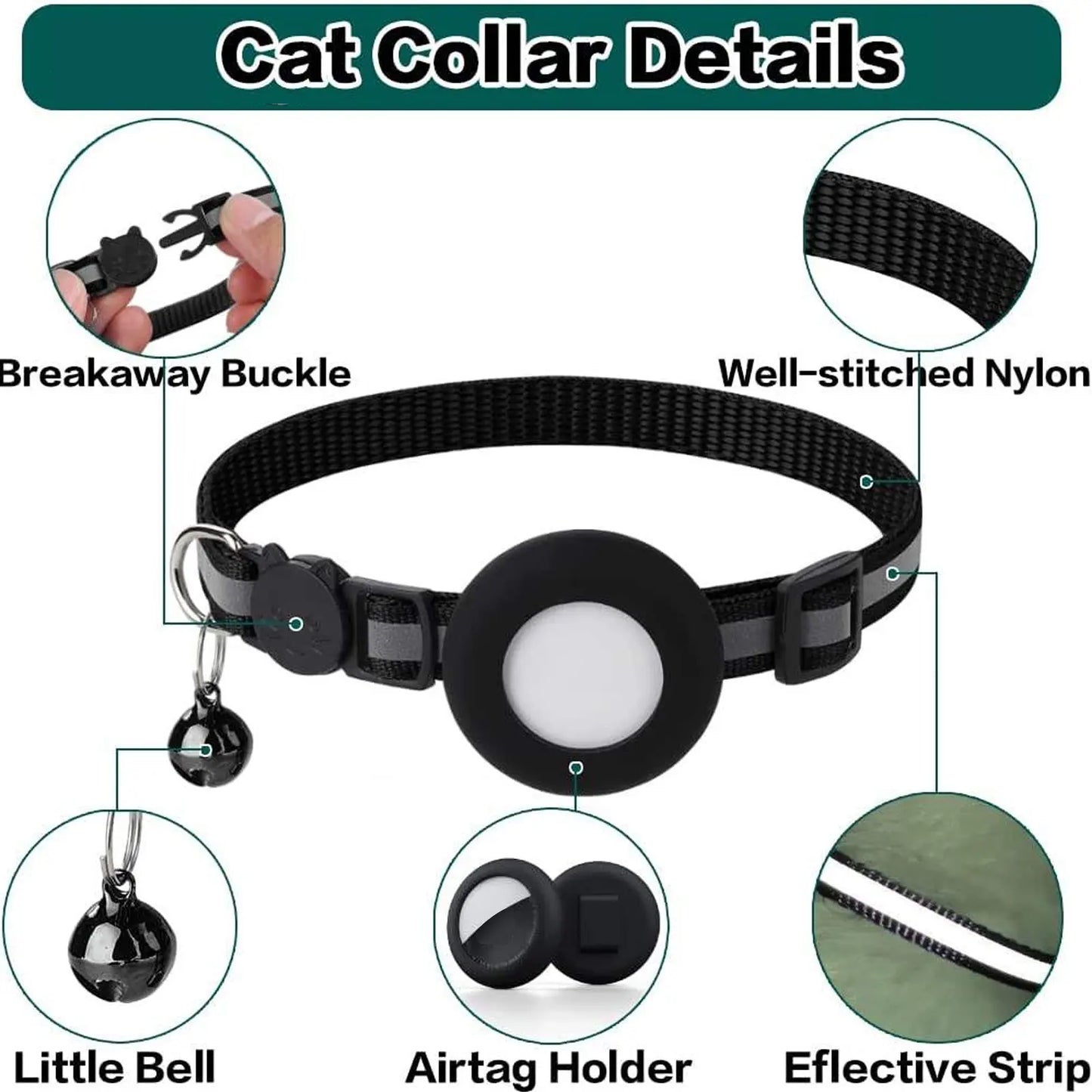 Reflective Cat Collar with Bell and Breakaway Design, Adjustable Airtag-Compatible GPS Tracker for Kittens and Cats