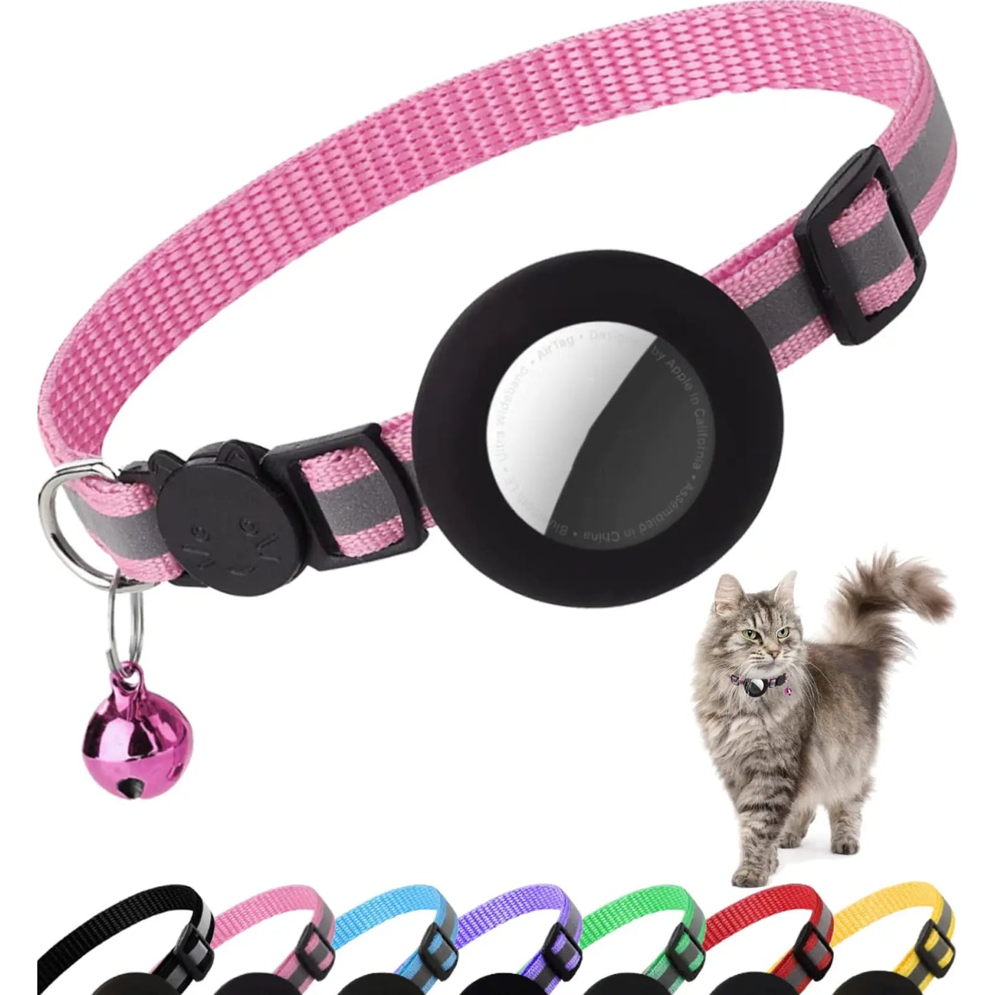 Reflective Cat Collar with Bell and Breakaway Design, Adjustable Airtag-Compatible GPS Tracker for Kittens and Cats