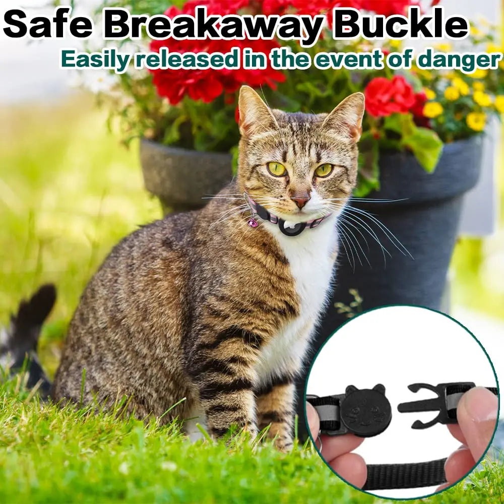 Reflective Cat Collar with Bell and Breakaway Design, Adjustable Airtag-Compatible GPS Tracker for Kittens and Cats