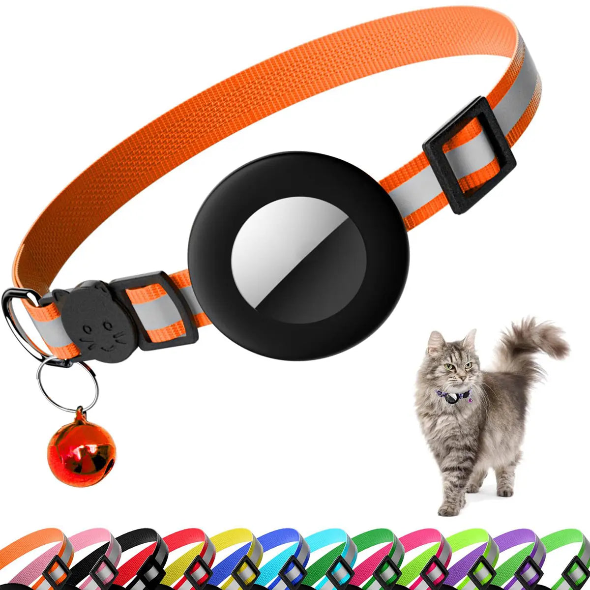 Reflective Cat Collar with Bell and Breakaway Design, Adjustable Airtag-Compatible GPS Tracker for Kittens and Cats