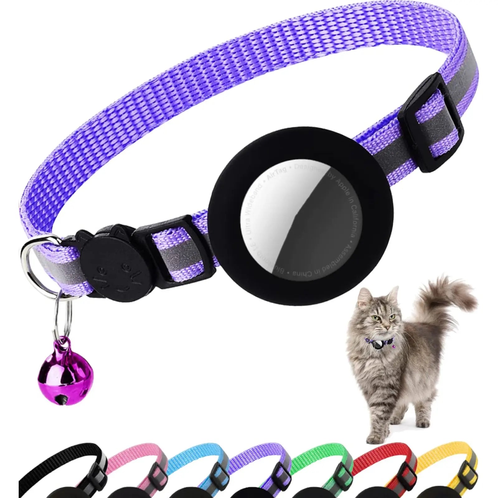 Reflective Cat Collar with Bell and Breakaway Design, Adjustable Airtag-Compatible GPS Tracker for Kittens and Cats
