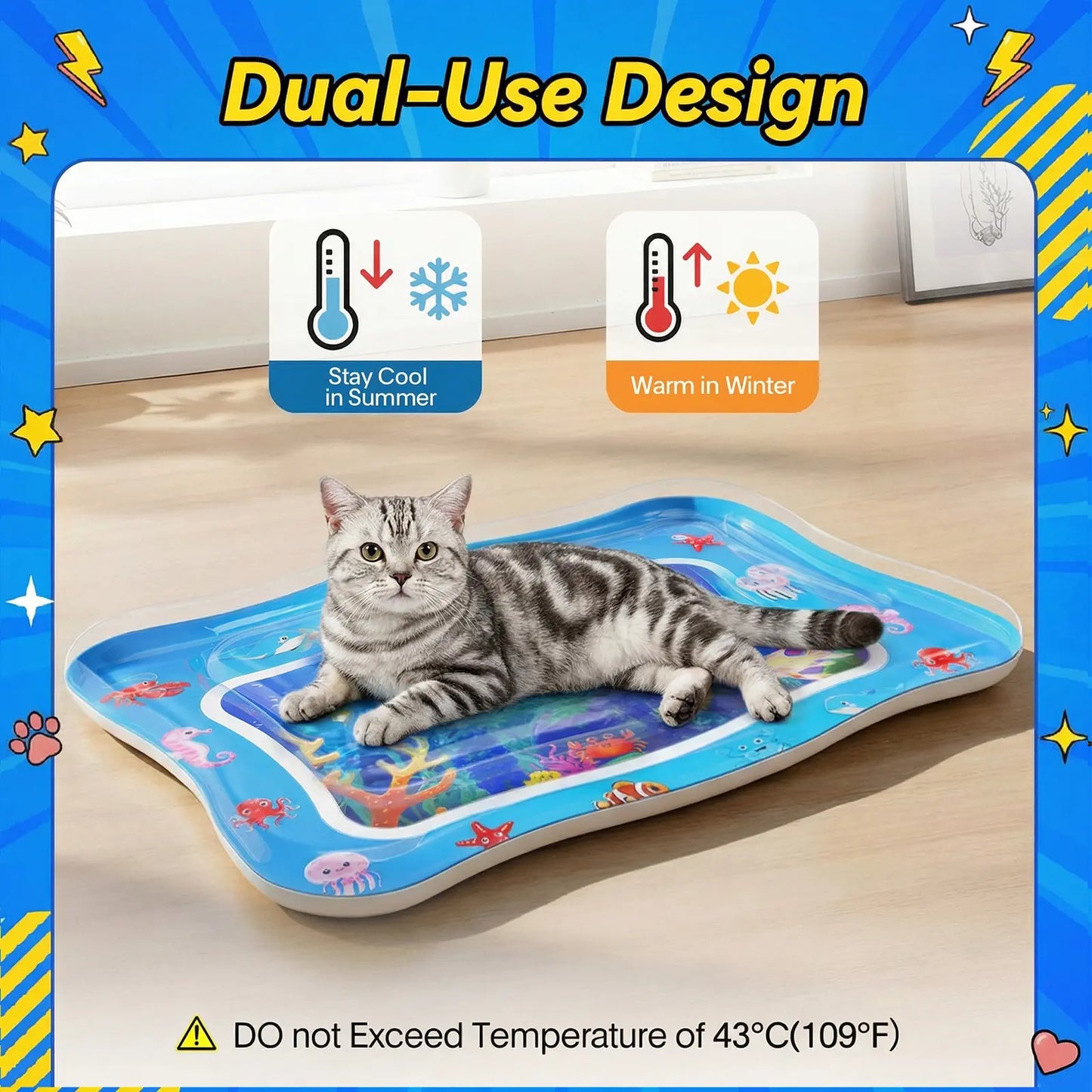 Catpick Cat Water Mat - The Ultimate Interactive Cooling & Heating Play Mat for Cats, 17 x 25 Inches, Featuring Floating Fish and Durable Anti-Scratch Design