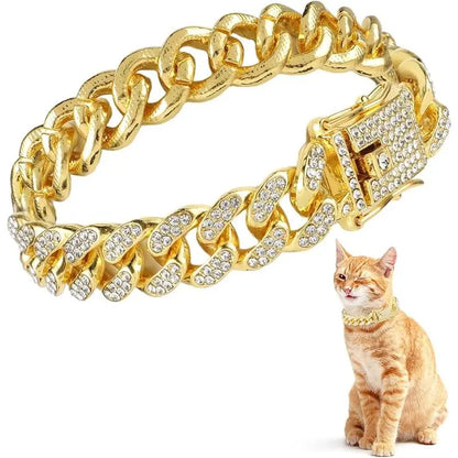 Cat Chain Collar, Diamond Cuban Link Kitten Walking Collar with Secure Buckle 12Mm Wide Pet Rhinestones Necklace Metal Chain Accessories for Cats Dogs Kittens Puppies 8Inch